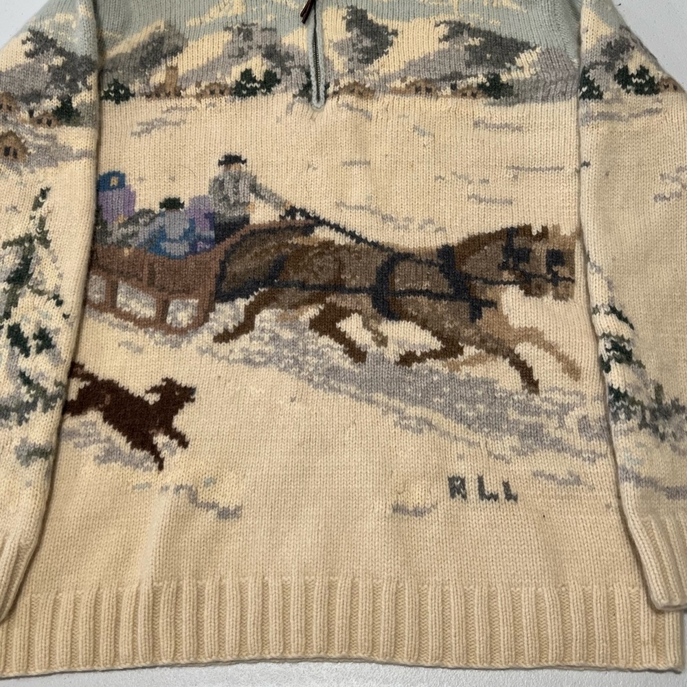 RALPH LAUREN VTG  EXCLUSIVE Hand Knit Lambswool Sweater Winter Scene Sled L - Picture 8 of 10